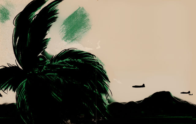 Color sketch of aircraft above palms and mountains